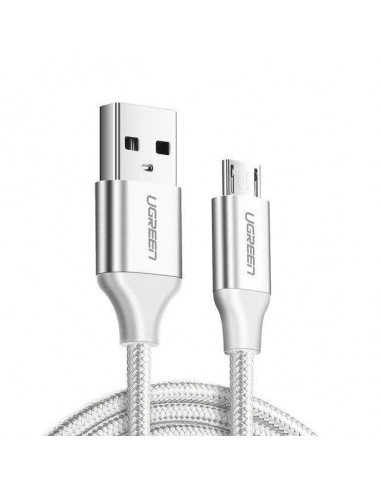 Cable de Datos y Energia Micro USB a USB-A 2m Ugreen 60153, Cubierta de Nylon Trenzado, Color Plata