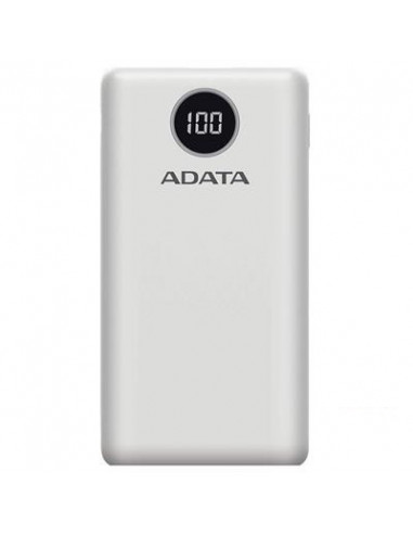 Bateria Portatil ADATA P20000QCCD 20,000mAh. Pantalla con muestra de carga, 2x USB-A + 1 USB-C. Color Blanco