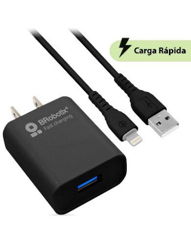 COMBO CARGA RÁPIDA: CARGADOR USB V3.0 + CABLE LIGHTNING. NEGRO (6001356) - Brobotix