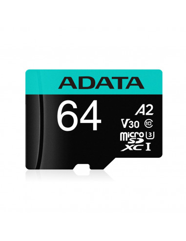 Micro Secure Digital Premier A2  ADATA UHS-I 64GB - 64 GB, Negro, UHS-I Class 10