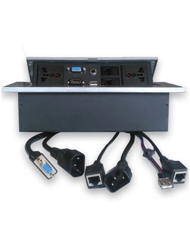 Caja de Mesa - RJ45 Cat 5e, HDMI, SVGA, USB V2.0, 3.5 mm, Nema 5-15R, Plata, BROBOTIX 005514