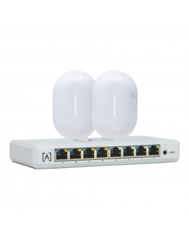 Kit de lanzamiento Alta Labs: Incluye (1) Switch PoE S8-POE y (2) Puntos de Acceso WiFi 6 AP6-PRO. Bloqueo de Contenido y Admini