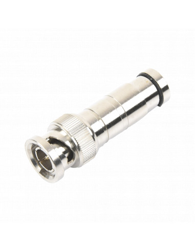 Conector BNC Macho en 75 Ohm, de Compresion Axial para Cable Coaxial RG-59/U, Niquel/ Oro/ Politetrafluoroetileno.