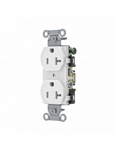 Contacto Duplex 20 A, 125 V,  2 Polos, 3 Hilos, Cableado Posterior y  Lateral, Color Blanco (Nema 5-20R).