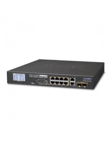 Switch PoE+ / distancia 250 metros / 8 puertos + 2 combo TP/SFP gigabit y pantalla LCD para monitoreo