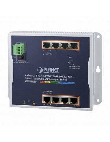 Switch Industrial PoE Administrable de Pared Capa 2, 8 Puertos Gigabit PoE 802.3at y 2 Puertos 100/1000X SFP