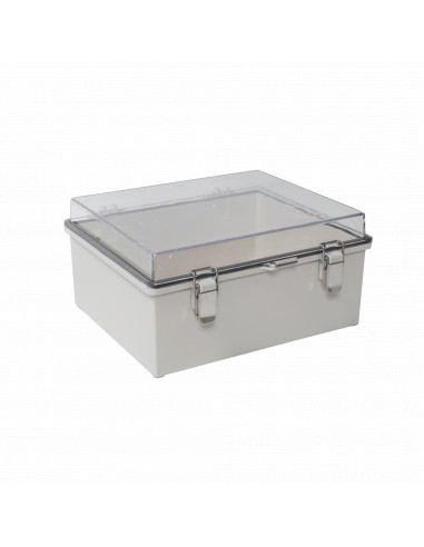 Gabinete Plastico ABS, Puerta Transparente, Uso en Intemperie IP66 (190 x 290 x 140 mm) cierre por Broche Inoxidable.