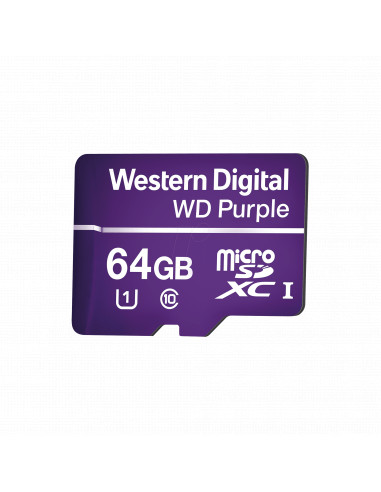 Memoria microSD de 64GB PURPLE, Especializada Para Videovigilancia, 10 VECES MAYOR DURACION, 3 ANOS DE GARANTIA