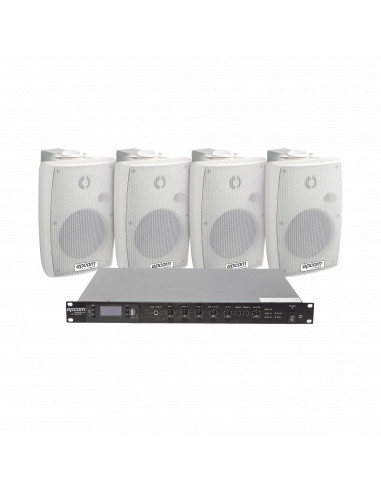 KIT de Amplificador de Audio 120W para Rack | 4 Altavoces de Pared color Blanco 2.5W - 20W | Sistema 70/100V