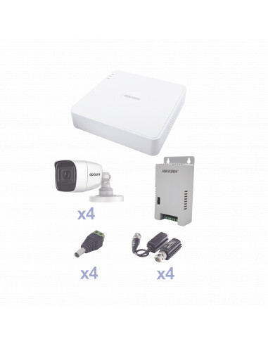 KIT TurboHD con Audio 1080p / DVR 4 Canales / 4 Cámaras Bala (exterior 2.8 mm) / Transceptores / Conectores / Fuente de Poder / 