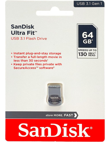 Memoria USB SanDisk Ultra Fit, 64GB, USB 3.0, Negro/Plata